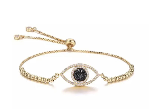 Evil Eye Natural Druzy Stone Bracelet- Gold